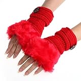 DZT1968 1PCWomen Winter Faux Rabbit Fur Wrist Fingerless Gloves Mittens (Red)