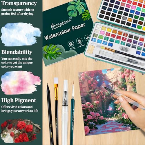 Water Colors Paint Set,Travel Watercolor Painting Set with Metal Case,Watercolor Painting Set Includes Brushes,Palette,8 Sheets of Watercolor Paper,Suitable for Beginners,Artists (128 colors)