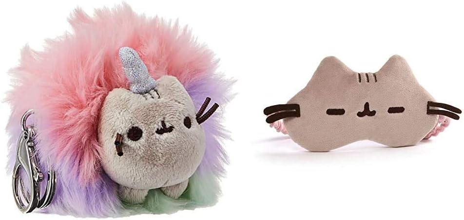 GUND Pusheen Rainbow Unicorn Cat Plush Pom Deluxe Keychain, Multicolor, 4" Bundle Pusheen Cat Plush Stuffed Animal Sleep Mask, Gray, 8"