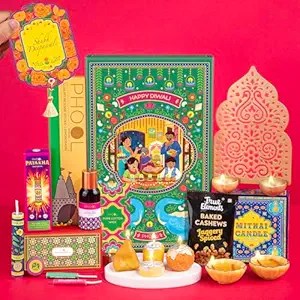 Phool Diwali Magic Gift Hamper - Pack of 9 Contains agarbatti with Wooden Holder, Mithai Candles Box,Padma diyas, Plantable pataka, Diya Oil, Brass Wall Diya Holder, Wick, Diwali Card,Cashew Mix (15g) diwali giftbox