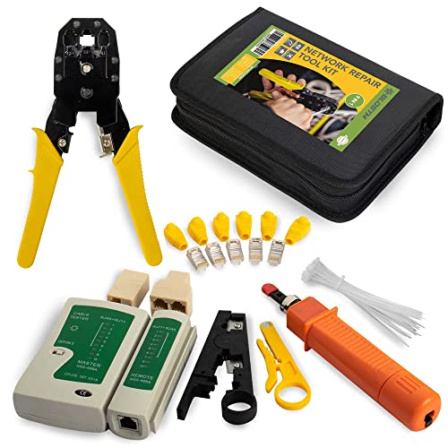 BLOSTM Kit di Rete Professionali - 9 strumenti di rete essenziali, Pinza Crimpatrice RJ45, Manutenzione del Computer Tester Rete LAN e Altro - Per Casa e Ufficio