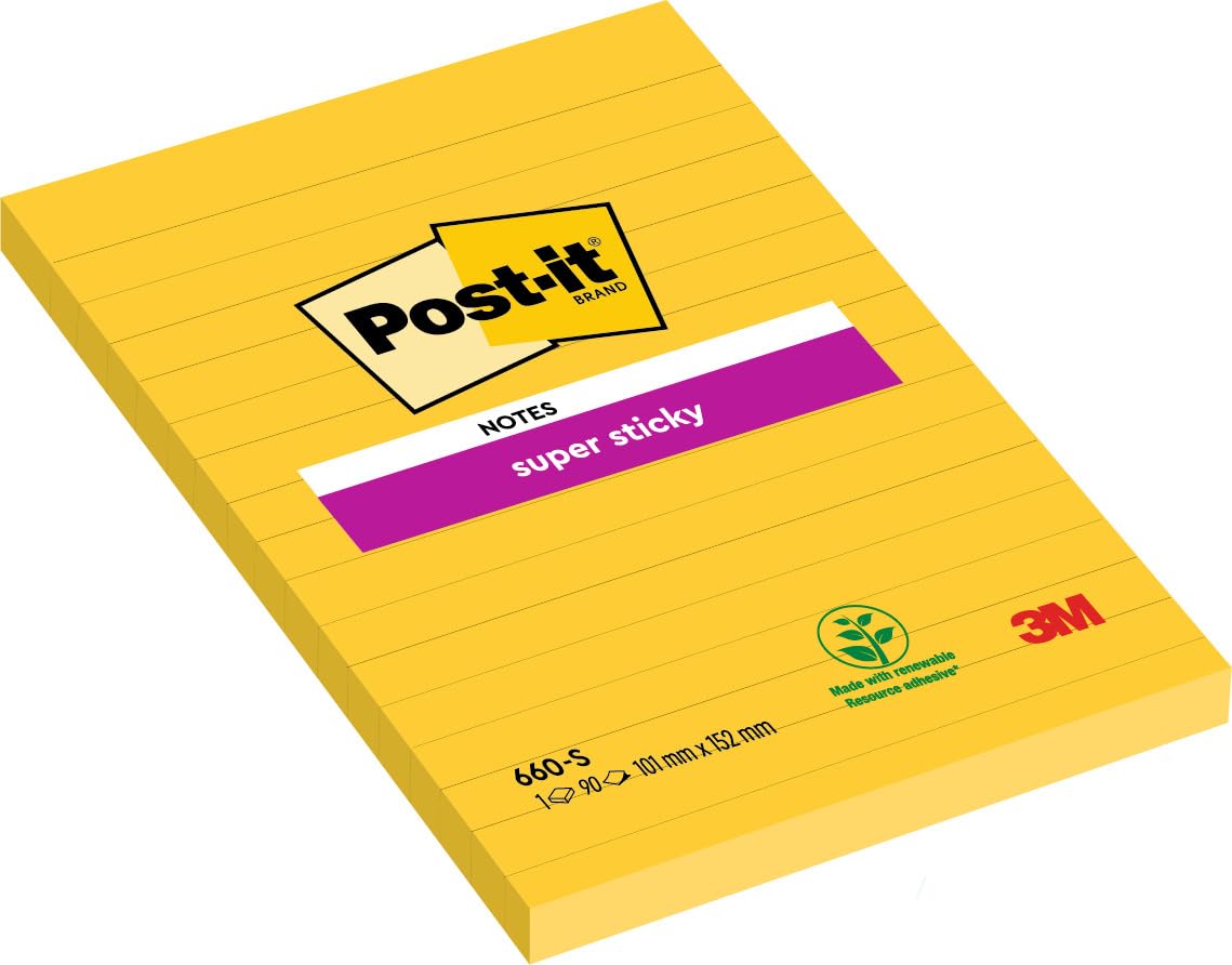 Post-it Super Sticky Large Notes, 540 Sheets, Pack of 6 Pads, 102 mm x 152 mm - Holds Strong to Many Surfaces - Yellow - for Walls, Monitors and Fridge, Recycable