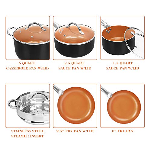 SHINEURI Nonstick Ceramic Copper 10 Pieces Cookware Set, Aluminum Pots and Frying Pans Set, Steamer and Sauce pan with Stainless Steel Handle & Lid, Suitable for Induction, Gas, Electric and Stovetops