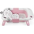 PandaEar Baby Bathtub for Newborn Infant, Collapsible Baby Infant Bath Tub Toddler Travel Bathtub with Soft Cushion & Drain Hole for Toddler 0-24 Months (Pink)
