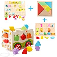 Wooden Shape Sorter Toys, Wooden Shape Sorter Bus with Tangram & Number Puzzle Board & Alphabet Puzzle Board, Classic 3D Push Pull Truck Toy for Toddlers Learning Sort and Match for 1 2 Year Old