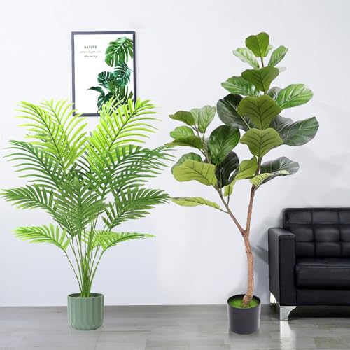 KIROTLA 2 Piezas Árbol Artificial De Hojas Decorativas De Violín De 1.2m En Maceta Imitación De Higuera Y Palmera Artificial 0.9m para Hogar Oficina Sala De Estar Interior Y Exterior