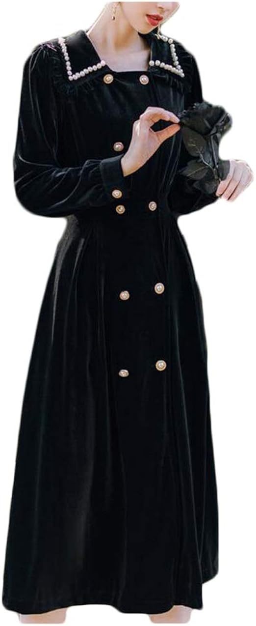 Sweet Fashion Fashion Women's Vintage Velvet Little Black Dress Long Sleeve Slim Lapel Dress 