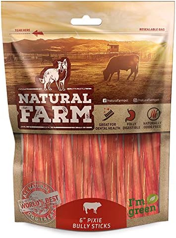 NATURAL FARM PET 6-Inch Pixie Bully Sticks for Dogs (30 or 50 Pack) | Lighter, Extra Thin Treats | Farm-Raised, Grass-Fed, Grain-Free Beef | Odor-Free Digestible Chews