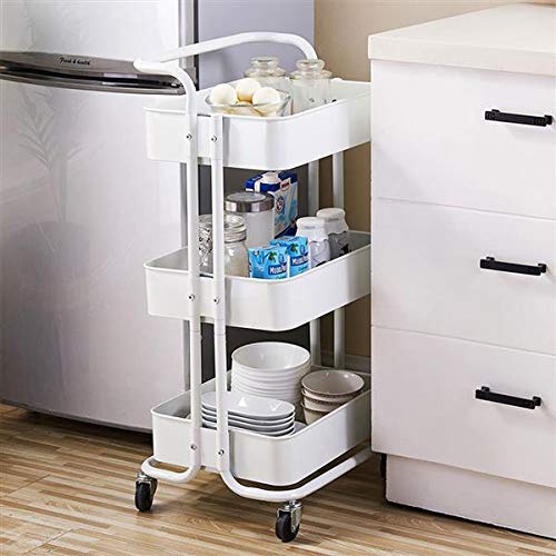 3-Tier Rolling Utility Cart, Multi-Purpose Storage Cart, Trolley Cart with Handles and Roller Wheels Craft Cart, Easy Assembly, for Office, Home, Kitchen, Bedroom, Bathroom (White with Handle) - Thumbnail 6