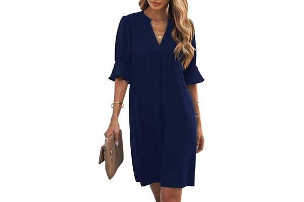 Wkior Womens Summer Ruffle Short Sleeve V Neck Shift Dress | Vacation Travel Outfit, Basic Flowy Swing Dress, Daily Casual Mi