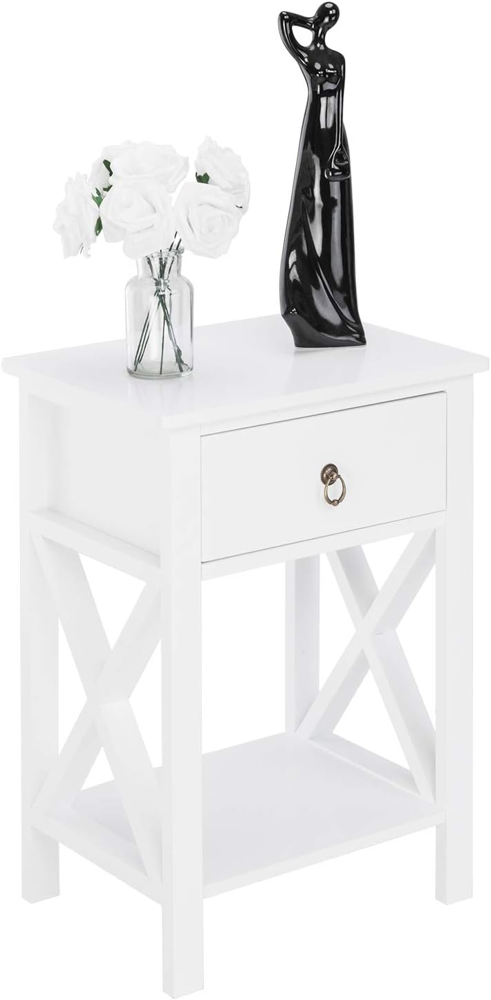 Bonnlo White End Table Nightstand with Drawer and Shelf for Storage: Kitchen & Dining
