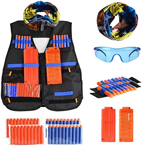 Tactical Vest Kit for Nerf Guns N-Strike Elite Series, Kids Outdoor Vest with 40 Pcs Refill Darts, 2 12 Reload Clips, 1 Face Tube Mask, 2 Hand Wrist Band, 1 Protective Glasses, 47 pcs in Pack