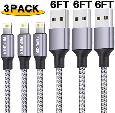 Lightning Cable, 6FT 3 Pack Nylon Braided Cord Syncing and Fast iphone charger (gray & white)