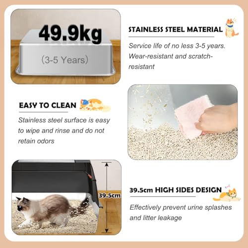 Vivifying Stainless Steel Cat Litter Tray, XXL High-Sided, Removable and Metal Enclosed Stainless Steel Cat Litter Box with Lid with Scoop, Steps and Mat (Black)