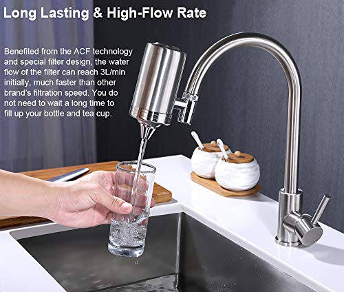 ESOW Faucet Mount Water Filter, SUS304 Stainless Steel Reduce Chlorine,Lead,BPA Free, Water Purifier with 7-Layer UF+ACF Filtration System, Fits Standard Faucets, Two Filter Cartridges Included