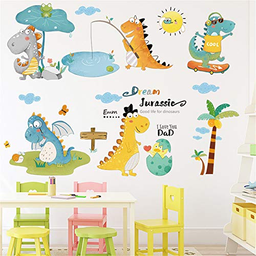 Dinosaurs Fishing Skateboarding Play Wall Decals Removable Wall Stickers Mural for Kids Bedroom Playroom Boys Girls Baby Nursery Rooms Art Wall Decor