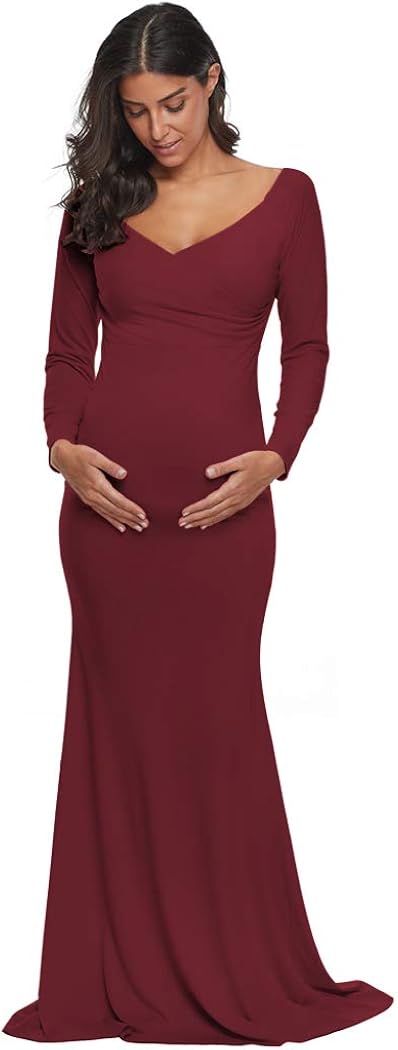 Ecavus Women's Off Shoulder Maternity Dress Slim Cross-Front V Neck Long Sleeve Gowns for Photoshoot