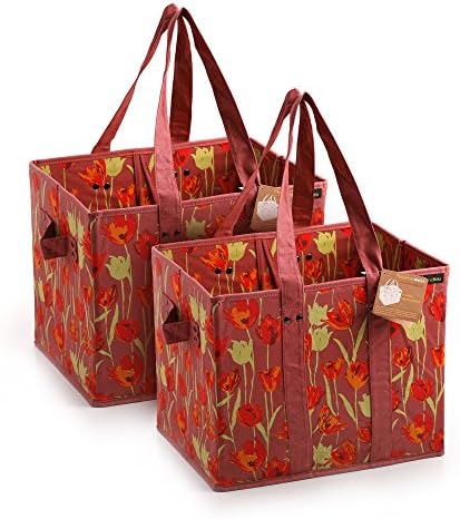 PreserveNext Reusable 100% Cotton Classic Tote / Collapsible Shopping Box Set with Reinforced Bottom, Side Handles and Key Ring Clasp - Carnelian Red (2 Pack)