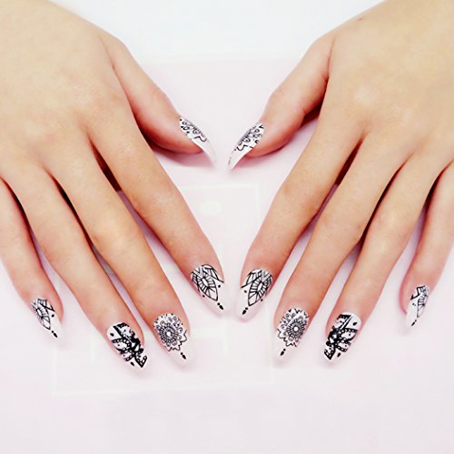 Yean Coffin False Nails Pink Flower 24Pcs/Set Fake Nails Full Cover Medium Long Stilleto with Design Nail Tips Press on Nails with Glue and Adhesive Tab for Women and Girls