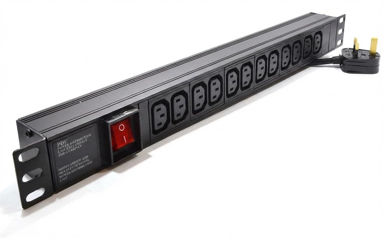Dynamode 1U 12 Way Horizontal PDU – 10A Server Rack Power Distribution Unit – IEC C14 Input to 12x IEC C13 Outputs – 4000W Switched Aluminium PDU for Data & Network Cabinets