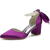 HKMFLYY Women's Pointed Toe Pearl Wedding Shoes for Bride Low Heels Satin Heels with Bow Bridal Shoes Chunky Block Heels Comfortable Dance Shoes Pumps