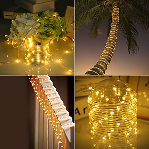 GreenClick LED Rope String Lights Battery Powered 120 LEDs Warm White Indoor Rope Lights With Romote Timer Waterproof 45Ft 8 Mode String Lights For Patio, Yard, Parties, Wedding