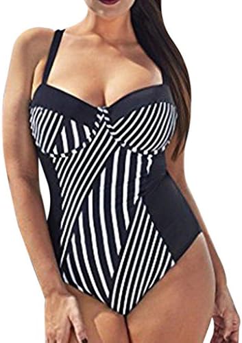BA Zha Women Sexy One Piece Tankini Plus Size Solid Swimwear Striped Elastic Swimsuit Bathing Beachwear Dress Newest Bathing Monokini Push Up Padded Bikini Swimming Costume