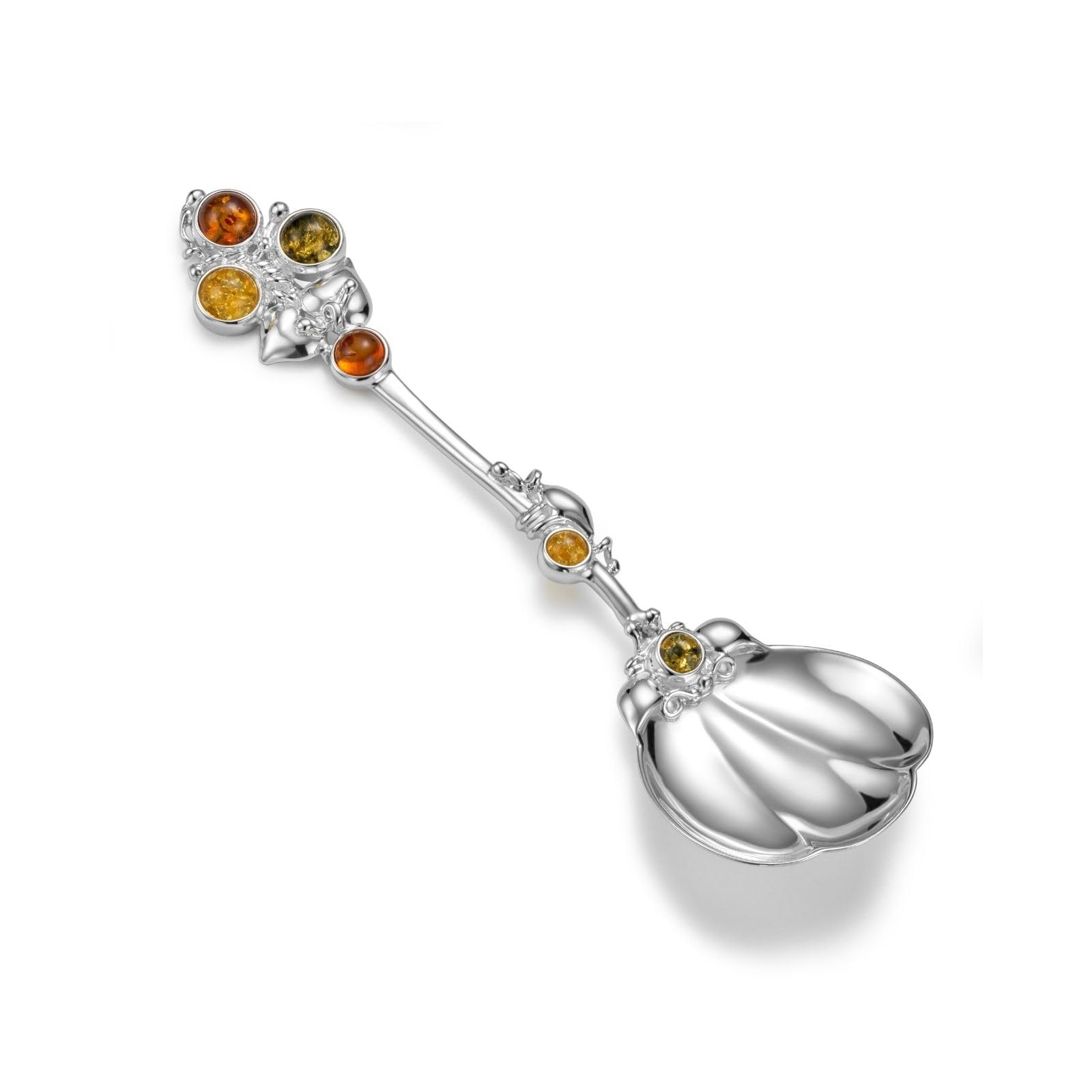 fish Silver Baby Spoon With Amber Decorated Handle And Gemstone Accents