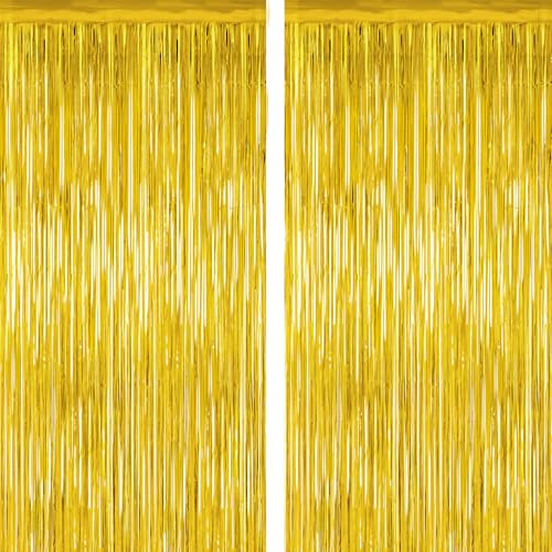 2 Pack Gold Tinsel Backdrop, 3.28 FT x 7.05 FT Metallic Fringe Curtain, Gold Color Graduation Backdrop Party Streamers, Party Supplies Door Decorations for Birthday Anniversaries