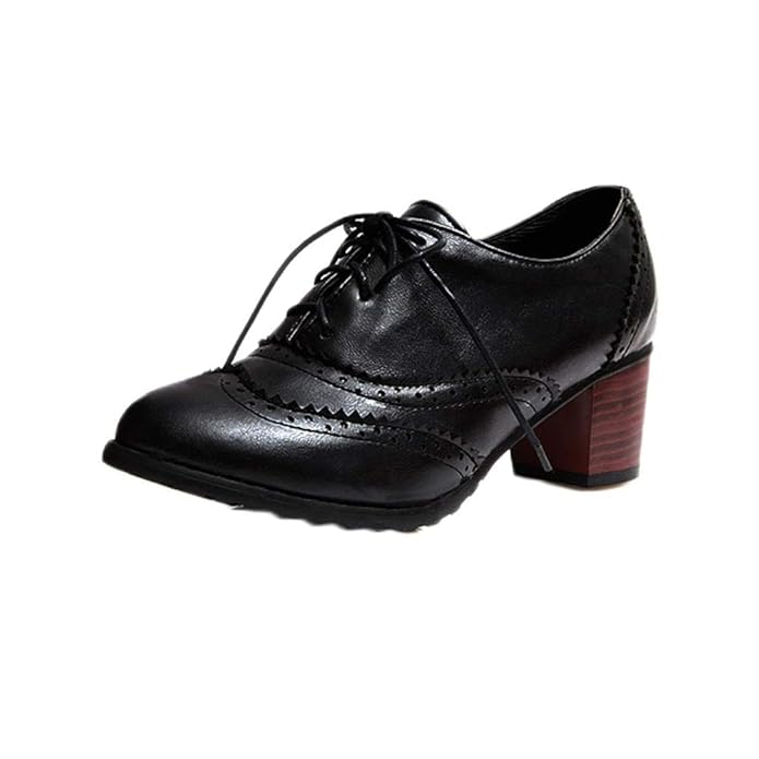 Damen Oxford Schuhe Wingtip Casual Vintage Lace up Chunky High Block Heel Kleid Pump Brogues Kurzer Leder Stiefel Schwarz Bra