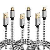 Micro USB Cable, HI-CABLE Fast+ 3 pack 6ft Braided Long Charging Cord For Samsung Galaxy S7 S6 Edge Plus, Note 4/ 5,S4 S5 Active, Tab A S/ S2 Pro, PS3/ 4, Android Phone Gold-Plated (Silver)
