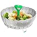 Vremi Collapsible Vegetable Steamer Basket- Food Safe Round Stainless Steel Steaming Tray - Fits Large and Small Pans, Pots, Instant Pressure Cookers - Extendable Handle and Silicone Feet - Green