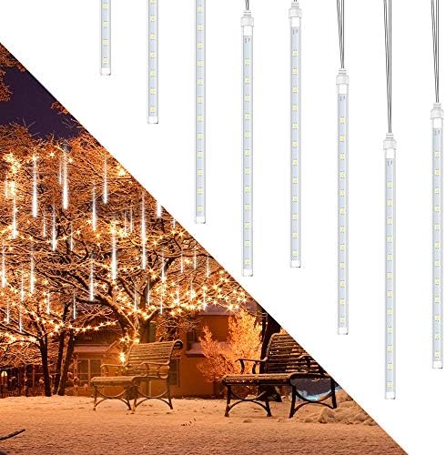 Rain Lights, Meteor Lights, POYINRO LED Meteor Shower Rain Lights 192 LEDS 11.8 inch 8 Tubes, Outdoor Waterproof Drop Icicle Snow Falling Raindrop Cascading String Lights for Wedding Christmas (White)