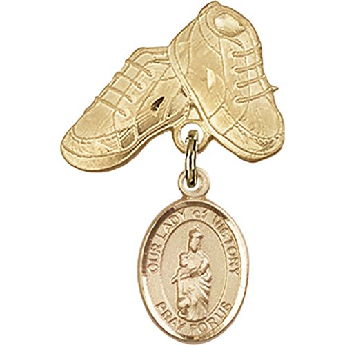 Gold Filled Baby Badge with Our Lady of Victory Charm and Baby Boots Pin 1 X 5/8 inches