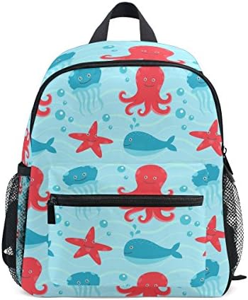 School Backpack Bag Red Octopus And Sea Stars With Blue Dolphin for Kids Girls Boys