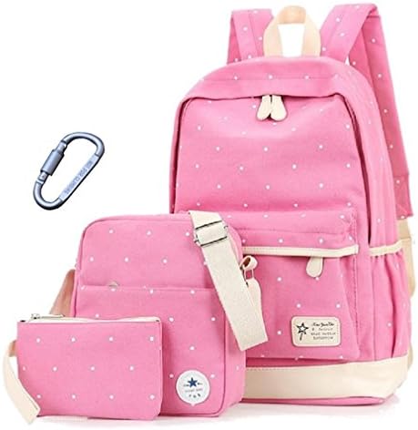 Codyna Canvas Backpack (Set 3) With Carabiner [ Simple Dot Pattern Rucksack ] School Travel Daypack For Girls (Pink)