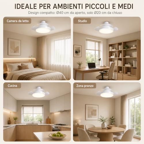 MARSI Ventilador de Techo con Luz LED 40 cm, Lámpara Ventilador E27, 3 Aspas Retráctiles PC, Motor DC, 3 Velocidades, Luz Regulable, Mando IR, para Dormitorio y Estudio