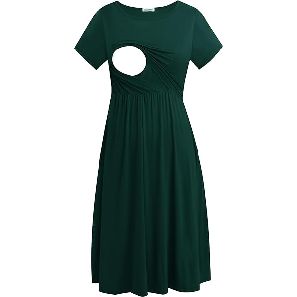 nursing friendly cotton dresses Cotton Nursing Dress With Pockets -Bell Sleeve- Green