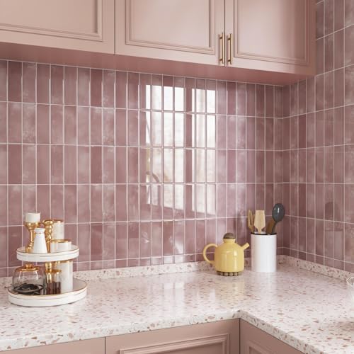 CRE8TIVE Peel and Stick Backsplash Tile Pink Marble Look 12x12 Inch Self-Adhesive Faux Ceramic Wall Tiles Stickers, Heat Resistant Kitchen Tile Backsplash for Wall, Shower, RV Living Room (4-Pack)