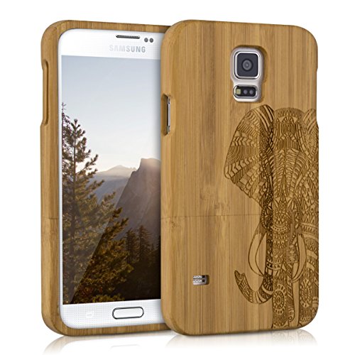 kwmobile Natural wood case with Design elephant pattern for the Samsung Galaxy S5 / S5 Neo / S5 LTE+ / S5 Duos in bamboo light brown