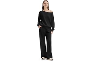 SUUKSESS Women 2 Piece Lounge Matching Set Off Shoulder Sweatshirt Wide Leg Sweatpant