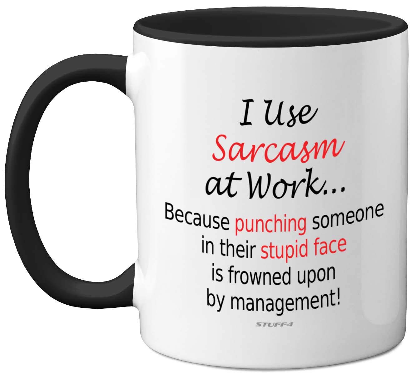 Funny Mugs - I Use Sarcasm at Work - Desk Novelty Mugs for Colleagues, Secret Santa, Christmas Birthday Gifts, 11oz Dishwasher Safe Black Handle Mug