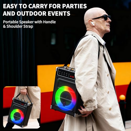 JYX Karaoke Machine with Two Wireless Microphones, Bass/Treble Adjustment and LED Light, TWS Support, AUX Input, FM Radio, REC, Party/Meeting/Wedding Supply - Black