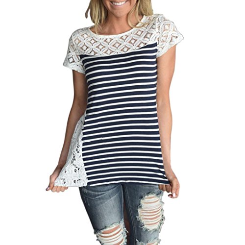 Click Here to See More Images NREALY Women Summer Lace Short Sleeve Stripe Printed Blouse Casual Tops T-Shirt(Dark Blue ,Large)