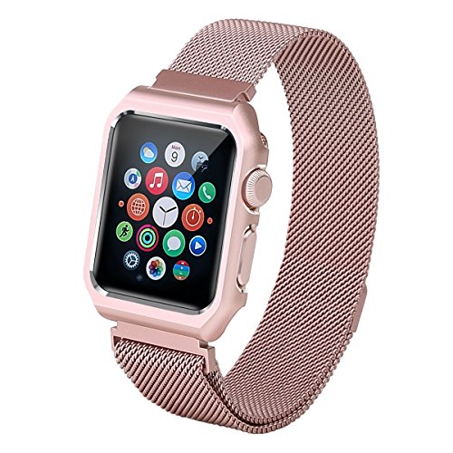 LikeItY Apple Watch Band Milanese Loop,Likeity Stainless Steel Magnetic Band With Metal Case For Apple Watch Series 1/2 - Shockproof Protective Bumper Replacement Strap(38mm Rose Gold)