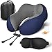 MLVOC Travel Pillow 100% Pure Memory Foam Neck Pillow, Comfortable & Breathable Cover, Machine Washable, Airplane Travel Kit with 3D Contoured Eye Masks, Earplugs, and Luxury Bag, Standard (Blue) primary