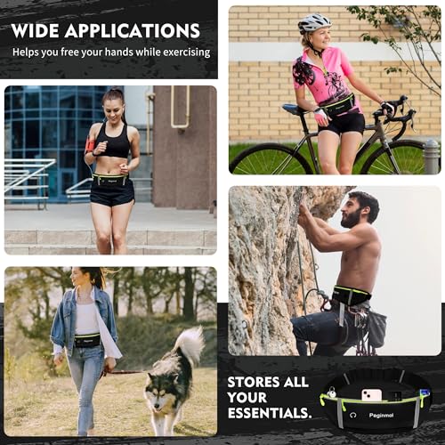 PEGINMOL Running Belt for Mobile Phone, Running Bag Jogging Waterproof Runner Waist Bag for Men and Women with 3 Pockets, Large Capacity Sports Belt, Adjustable Running Belt for Running (Black + Green)
