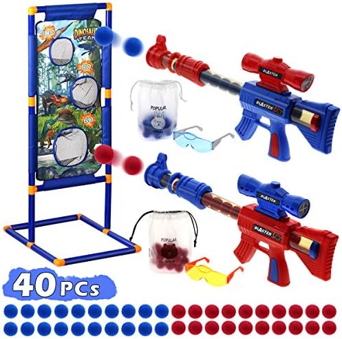 JOYIN Schuimbalpistool, speelgoedpistool met staand schietdoel, schuimbal 'popper gun' persluchtspeelgoedset, 24 schuimballen, geschikt voor binnen en buiten, activiteitsspel, schietspel voor kinderen, voor jongens en meisjes