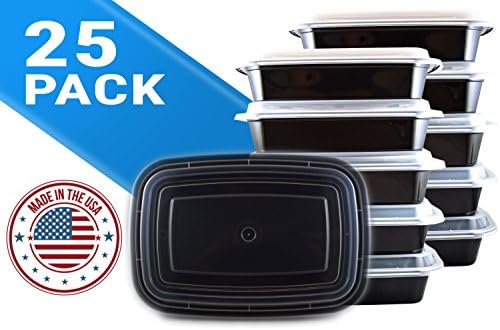 [25 Pack] Meal Containers - 1 Compartment - Disposable Lunch Boxes with Lids by HeloGreen - Made in USA - Stackable, Microwave, Dishwasher &amp; Freezer Safe - Food Storage Containers (32 oz)