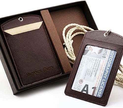 Free Engraving - ID Badge Holder with 1 ID Window &amp; 2 Card Slots , Leather Wallet ID Card Case Holder (Brown)